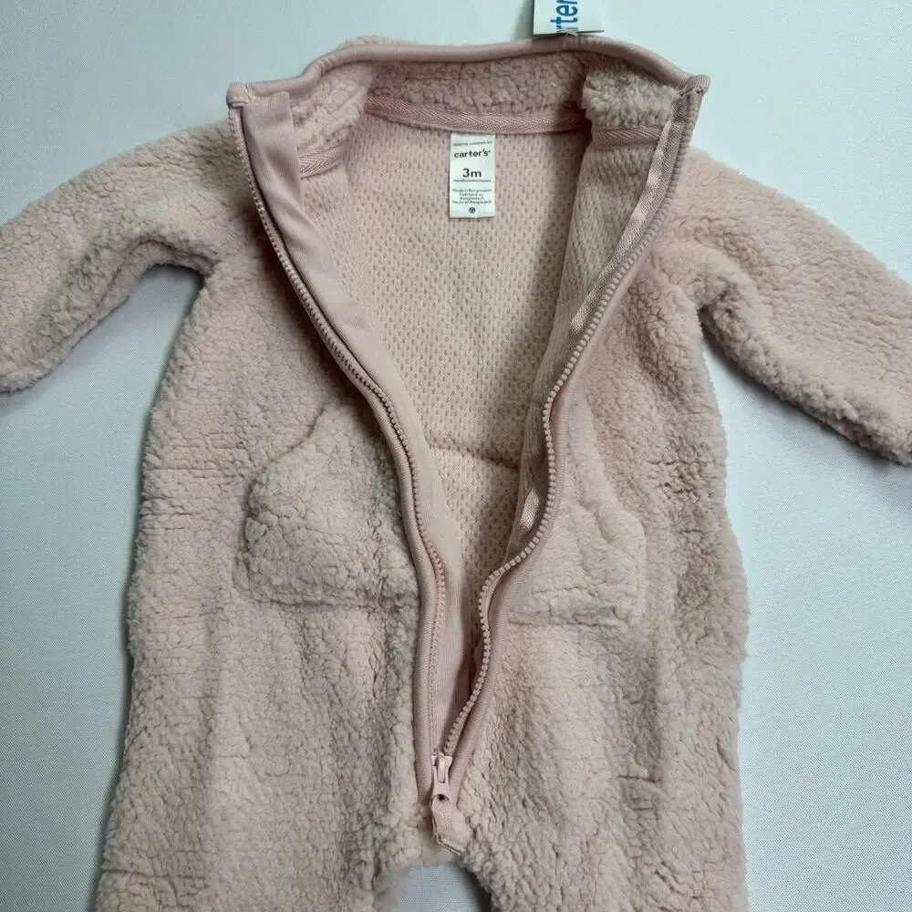 Carters Zip-Up 1 Piece Warm Long Sleeve Fleece Jumpsuit Size 3 Month Pink